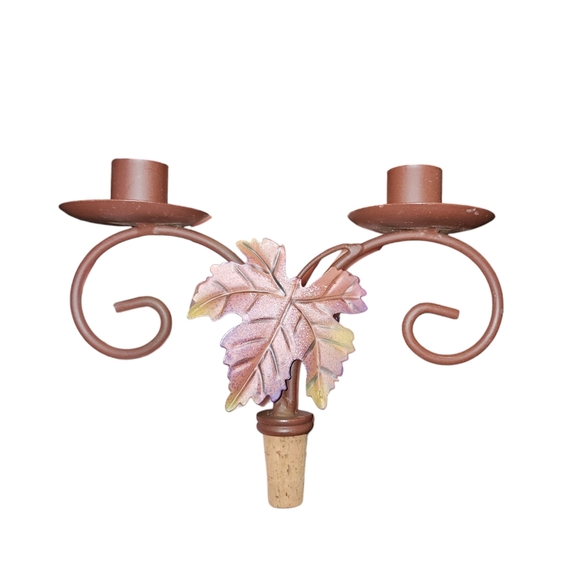 Metal Fall Maple Leaf Pair Of Wine Bottle Cork Taper Candle Holders 6"X7.5"X2.5" - Picture 2 of 8